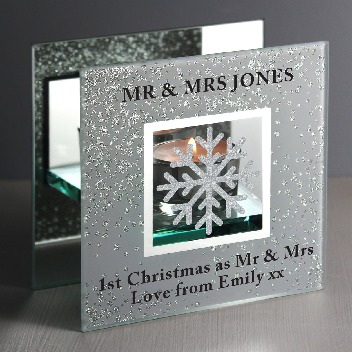 Personalised Snowflake Silver Glitter Tea Light Holder: 2 - Candle Holders By Gift Moments