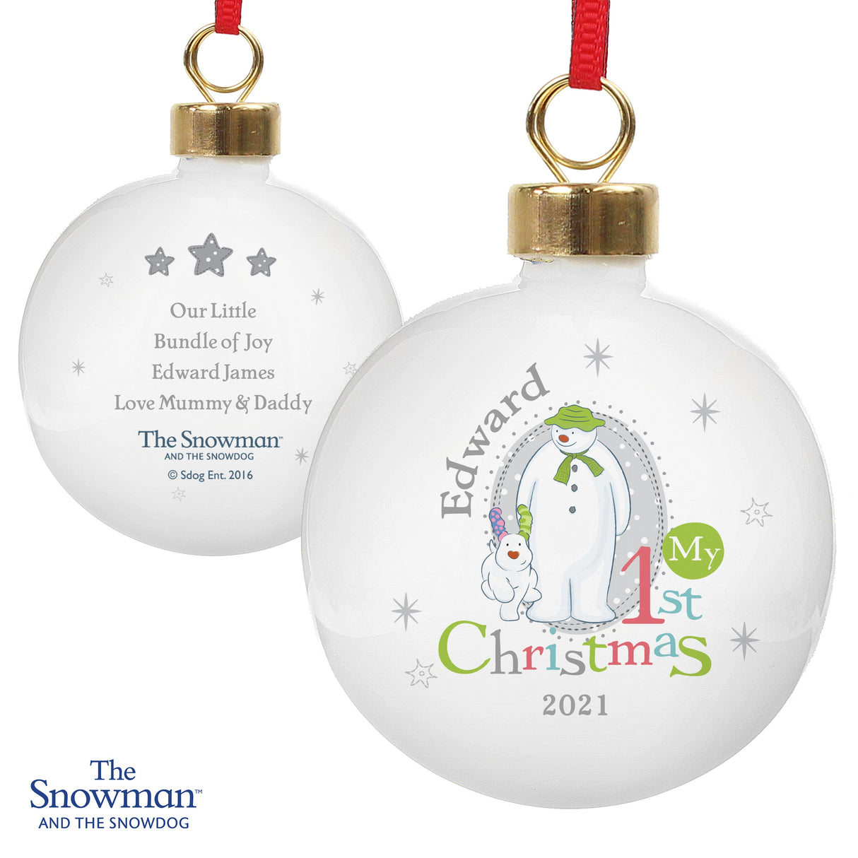 Personalised The Snowman and Snowdog Christmas Bauble: 4 - Christmas Baubles By The Snowman