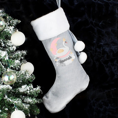 Personalised Silver Grey Swan Lake Stocking: 2 - Christmas Stockings By Gift Moments