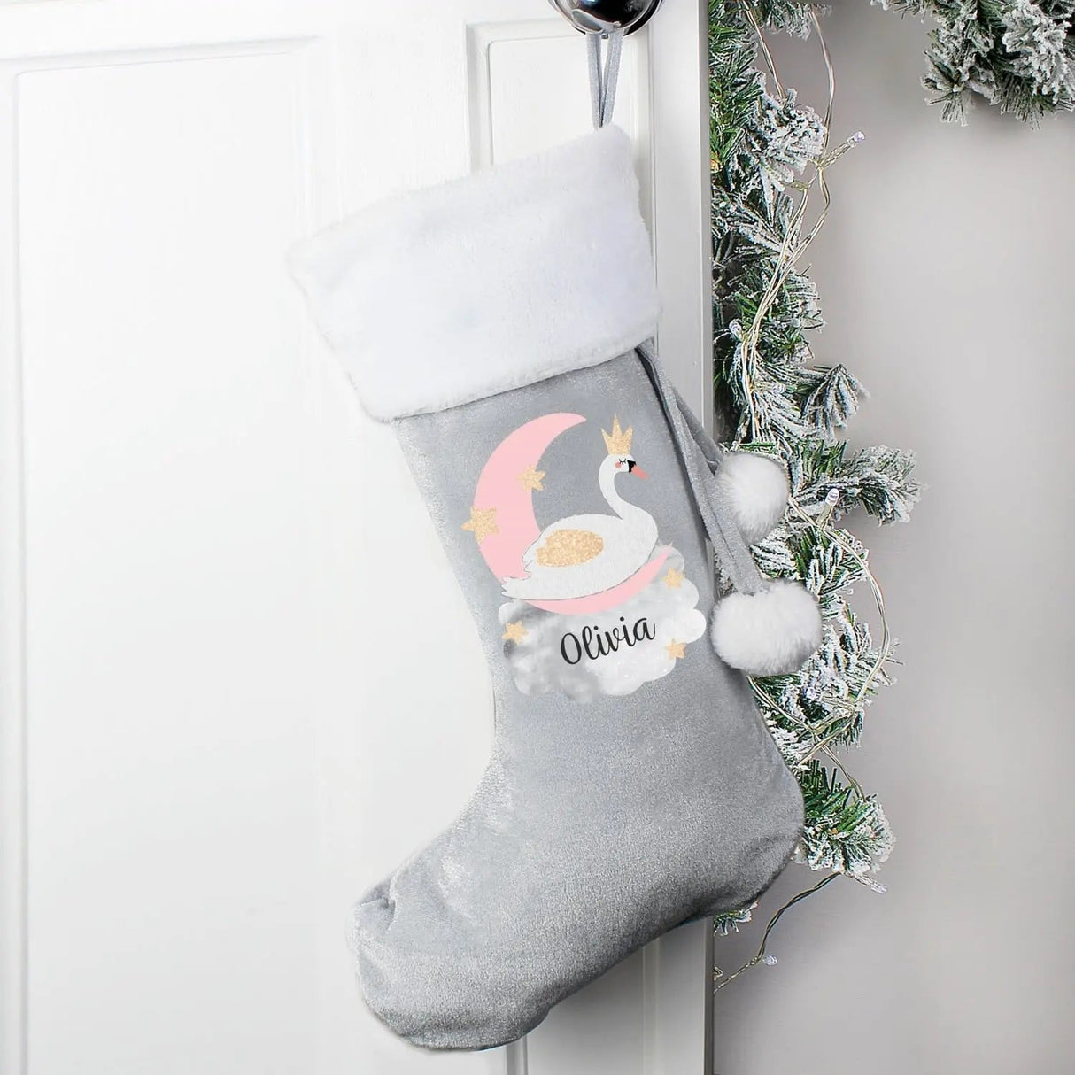 Personalised Silver Grey Swan Lake Stocking: 3 - Christmas Stockings By Gift Moments