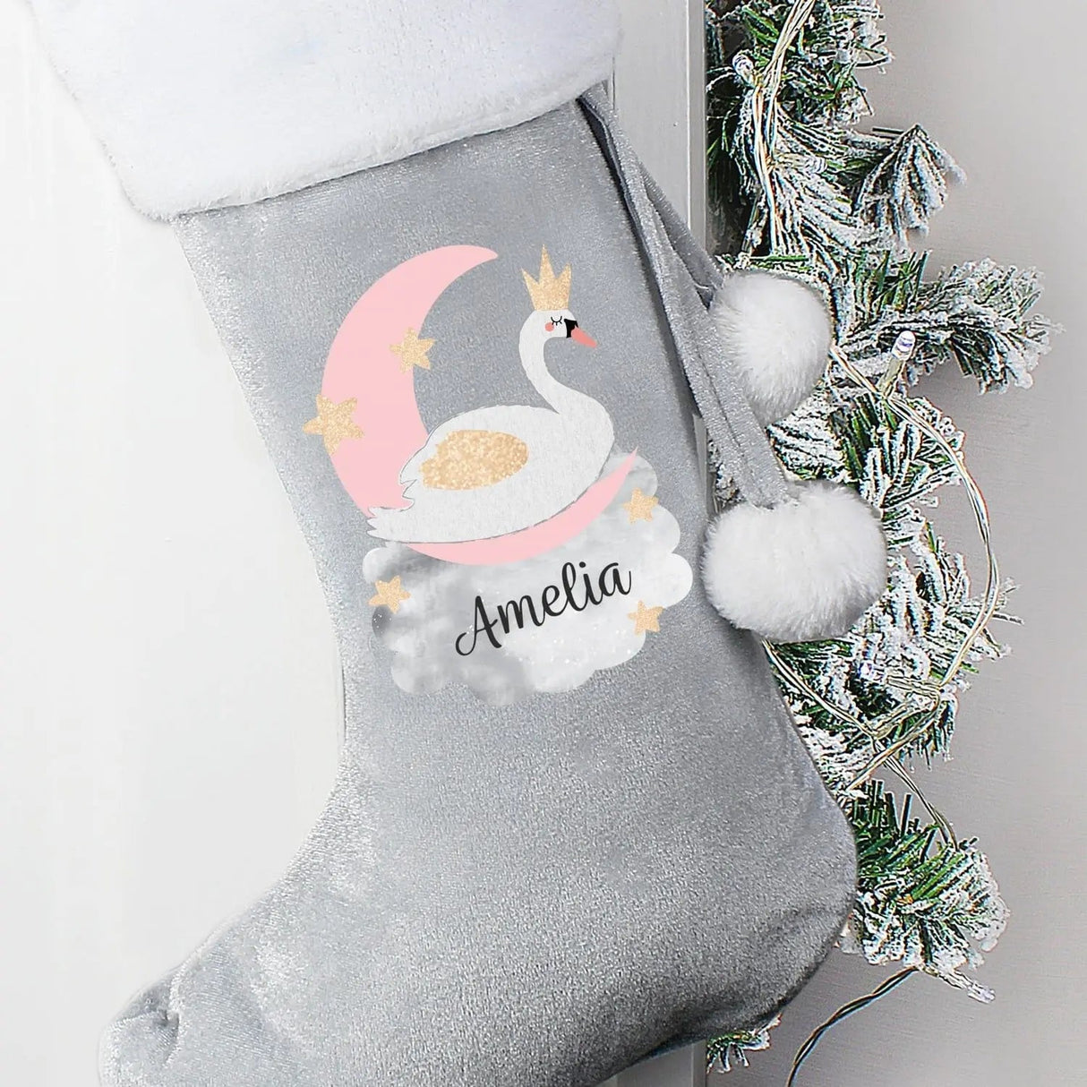 Personalised Silver Grey Swan Lake Stocking: 1 - Christmas Stockings By Gift Moments