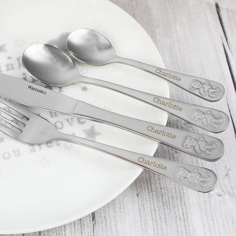 Personalised Teddy 4 Piece Embossed Cutlery Set: 2 - Cutlery Sets By Gift Moments