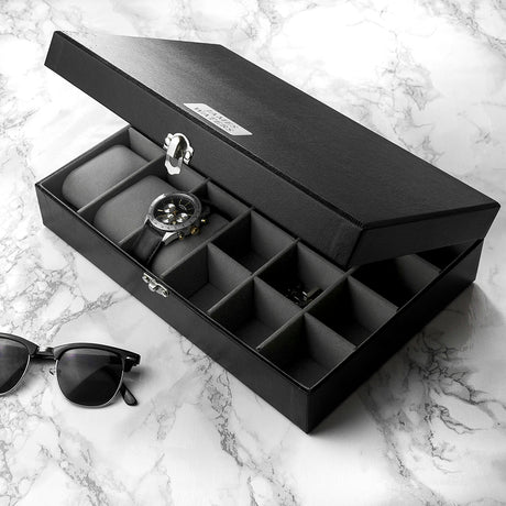 Personalised Black Leather Watch & Cufflink Box - Jewellery Boxes at Gift Moments