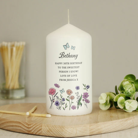 Personalised Wild Flowers Pillar Candle: 3 - Candles By Gift Moments