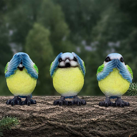 Three Wise Blue Tit Figurines in See no Hear no Speak no evil: 1 - Figurines Small (Under 15cm) By NN Designs