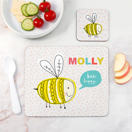 Personalised Kid's Bee Happy Placemat & Coaster Set - Placemats at Gift Moments