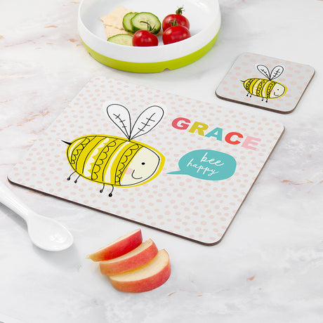 Personalised Kid's Bee Happy Placemat & Coaster Set - Placemats at Gift Moments