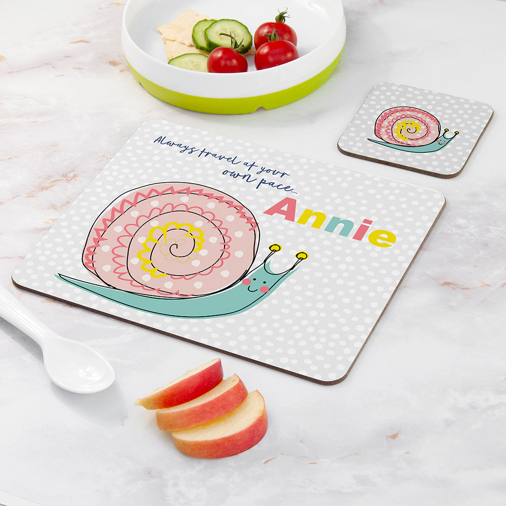 Personalised Kid's Snail Placemat & Coaster Set - Placemats at Gift Moments