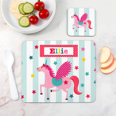 Personalised Girl's Unicorn Placemat & Coaster Set - Placemats at Gift Moments