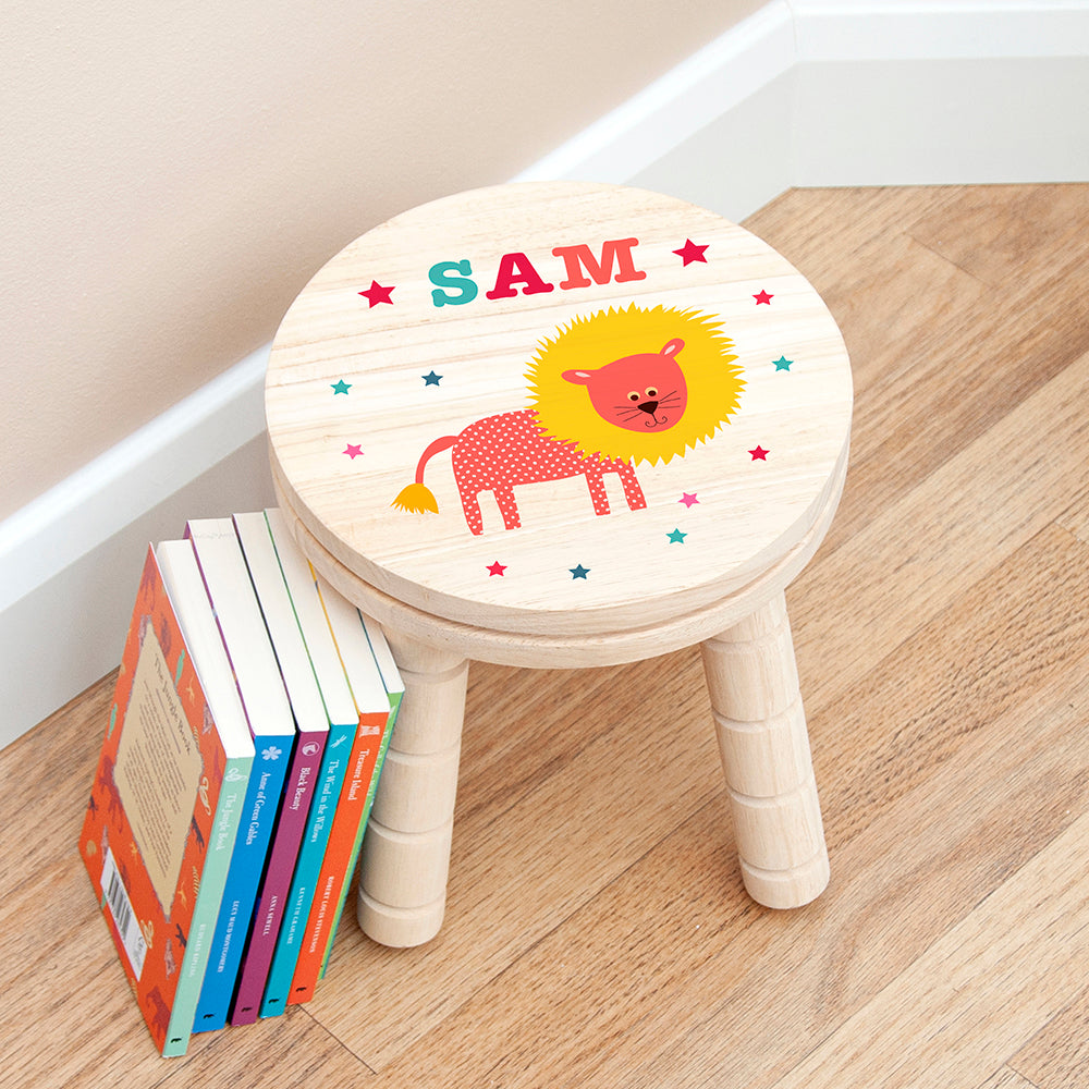 Personalised Lion Wooden Stool for Kids: 3 - Wooden Stools By Gift Moments