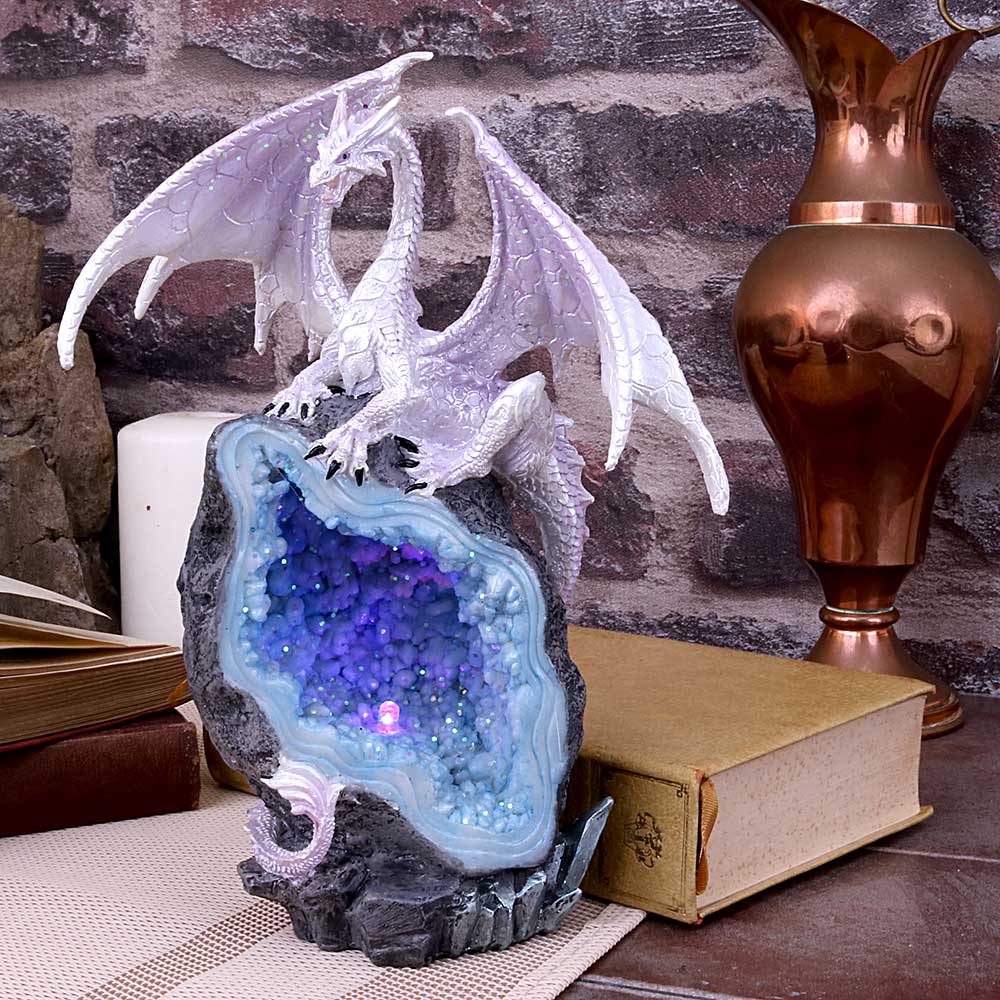 Glacial Custodian Fantasy White Dragon Sitting On A Geode 22cm - Figures & Collectables at Gift Moments