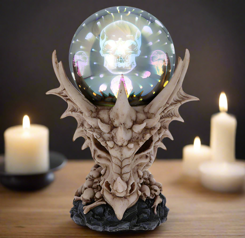 Skeletal Realm Dragon Skull and Light Up Orb Figurine