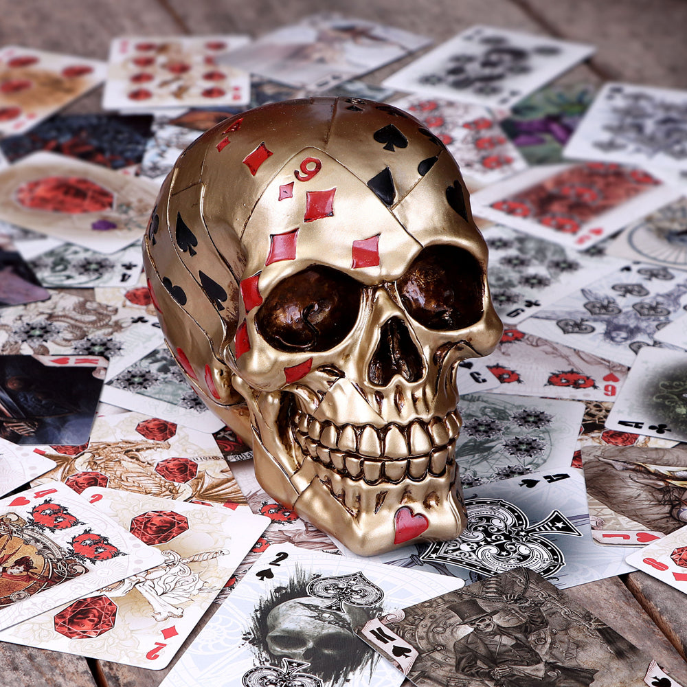 Dead Mans Hand Golden Playing Card Skull Ornament - Figures & Collectables at Gift Moments