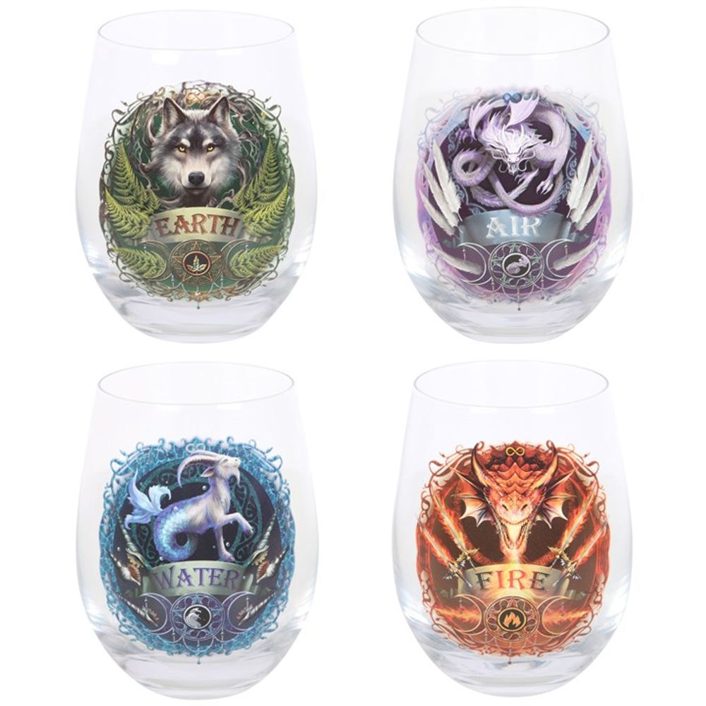 Set of 4 Elemental Stemless Wine Glasses by Anne Stokes - at Gift Moments