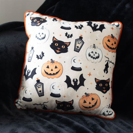 Square Spooky Cat and Pumpkin Print Cushion - Cushions at Gift Moments