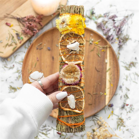 9in Ritual Wand Smudge Stick with Rosemary, Palo Santo and Quartz - at Gift Moments