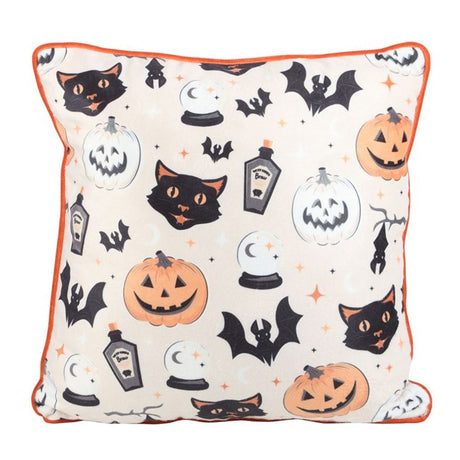 Square Spooky Cat and Pumpkin Print Cushion - Cushions at Gift Moments