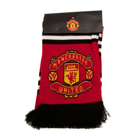 Manchester United FC Stripe Scarf - Red, White and Black Jacquard Knit Scarf with Fringe - Scarves at Gift Moments