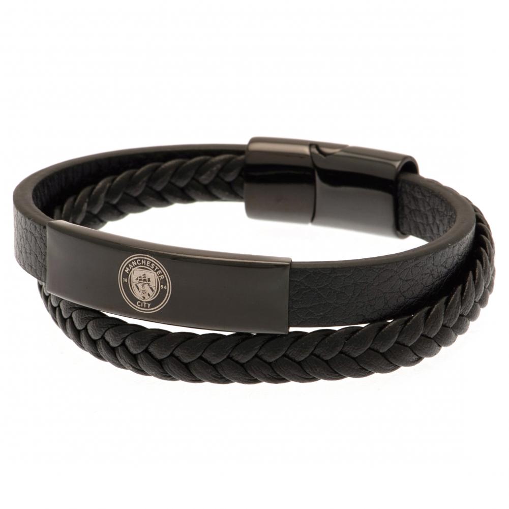 Manchester City FC Black IP Leather Bracelet: 2 - Jewellery By Manchester City