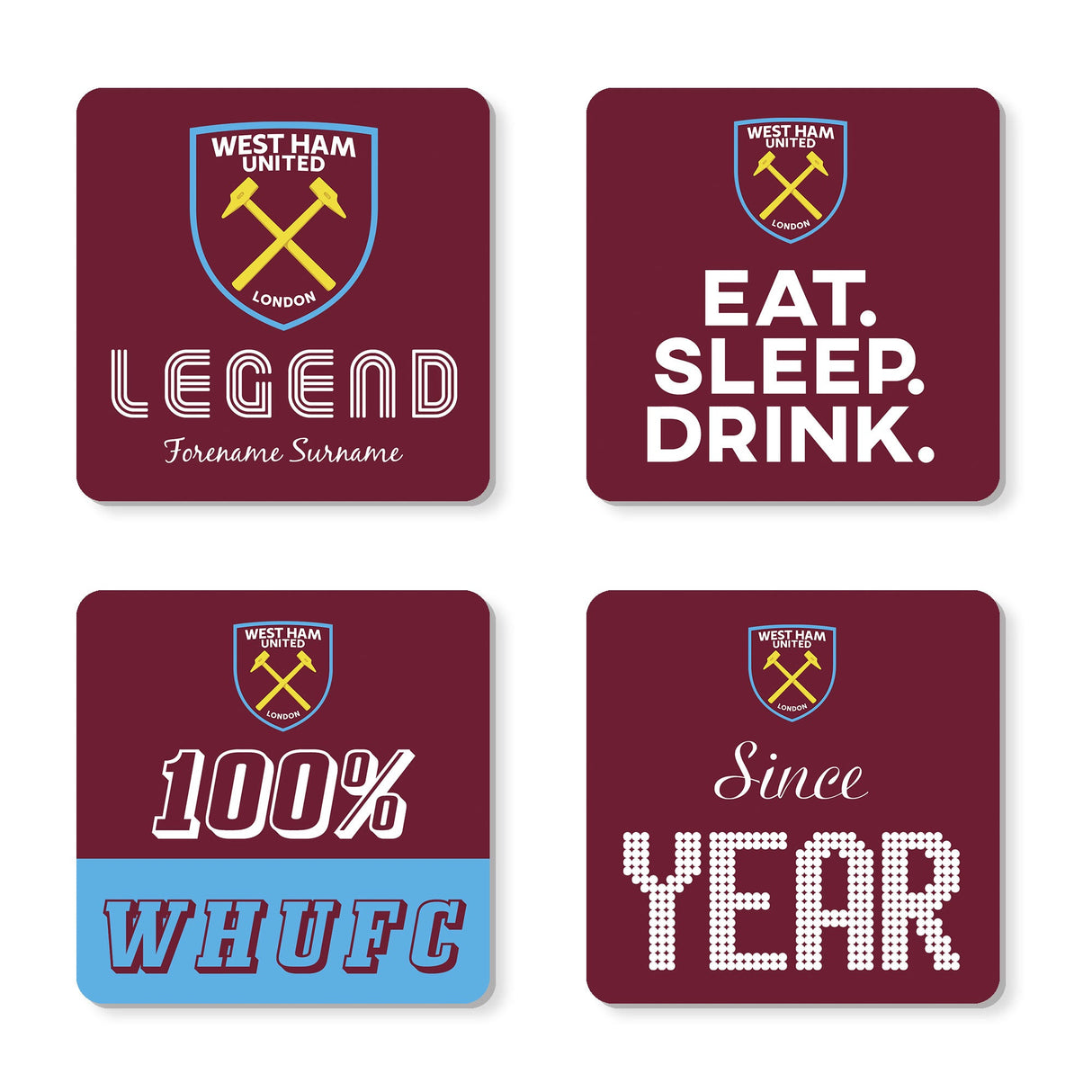 Personalised West Ham United FC Coasters Set of 4 - Coasters at Gift Moments