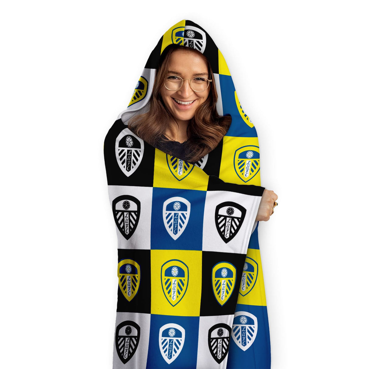 Personalised Leeds United FC Chequered Adult Hooded Blanket - Blankets at Gift Moments