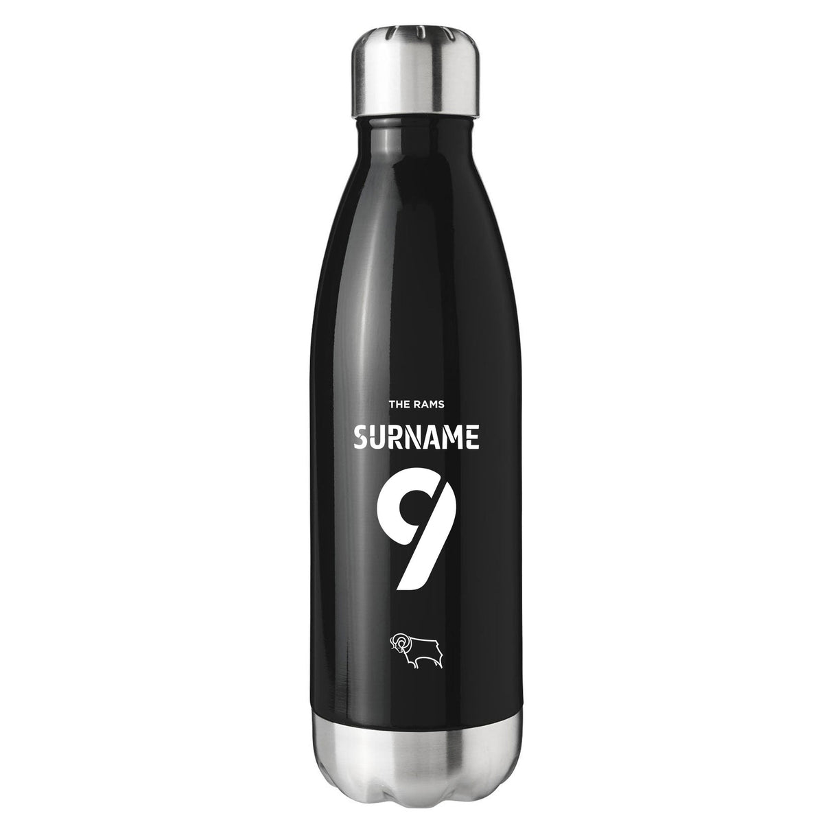 Personalised Derby County Back of Shirt Black Insulated Water Bottle