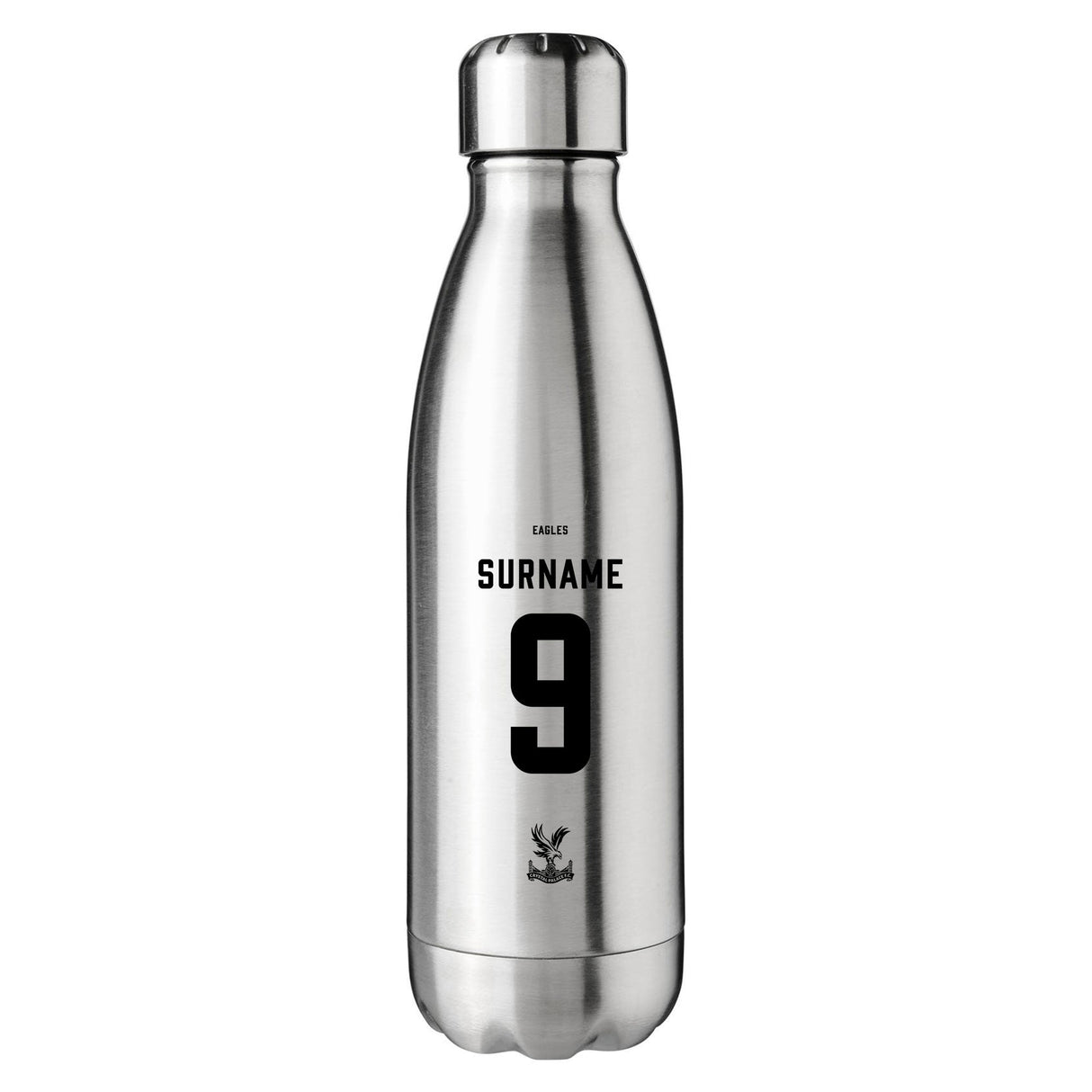Personalised Crystal Palace FC Back of Shirt Silver Insulated Water Bottle