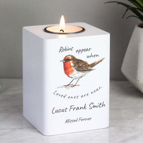 Personalised Robins Appear White Wooden Tea light Holder - Candle Holders at Gift Moments