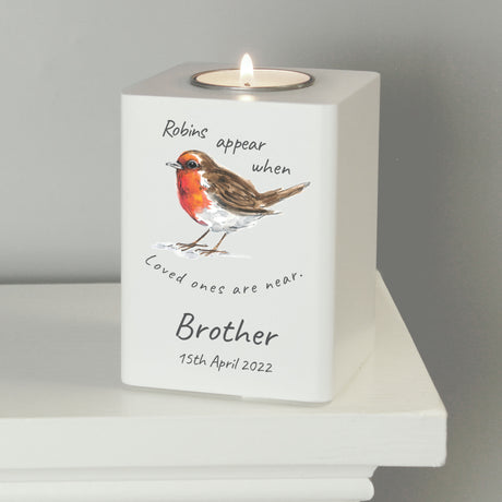 Personalised Robins Appear White Wooden Tea light Holder - Candle Holders at Gift Moments