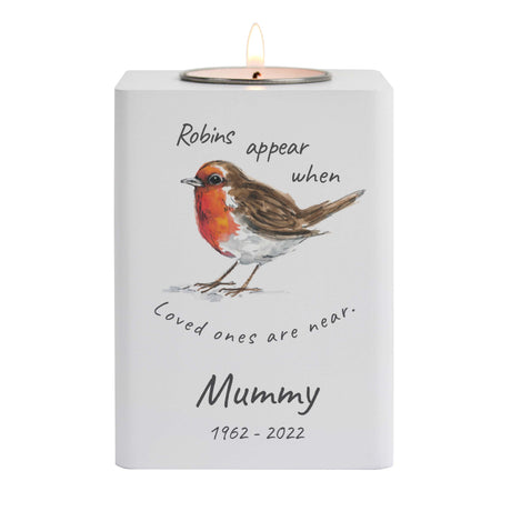 Personalised Robins Appear White Wooden Tea light Holder - Candle Holders at Gift Moments