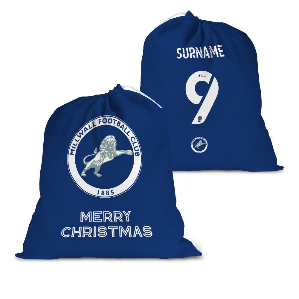 Personalised Millwall FC Back of Shirt Santa Sack - Christmas at Gift Moments