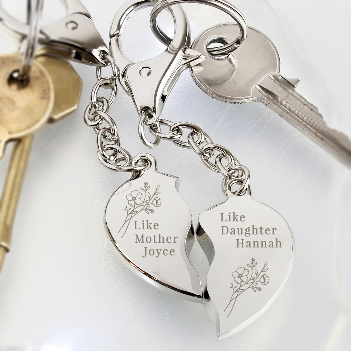 Personalised Floral Mother Daughter Two Heart Keyring - Keyrings at Gift Moments