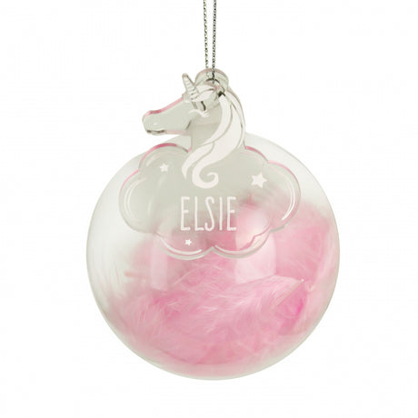 Personalised Pink Feather Glass Bauble With Unicorn Tag - Christmas Baubles at Gift Moments