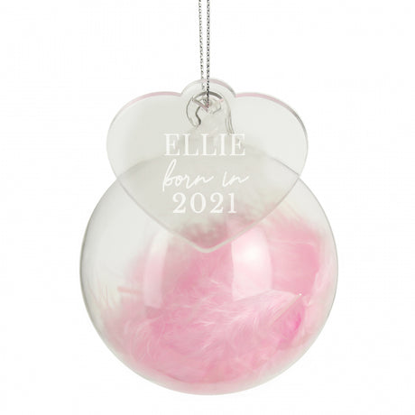 Personalised Born In Pink Feather Glass Bauble With Heart Tag - Christmas Baubles at Gift Moments