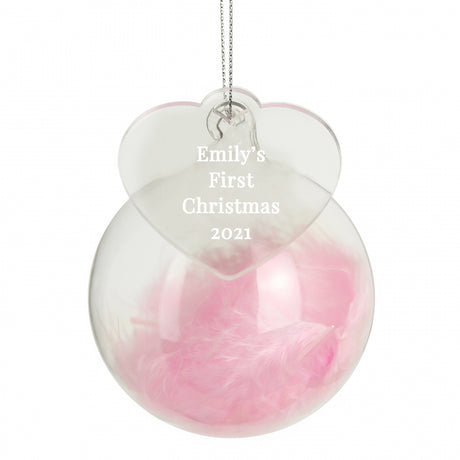 Personalised Free Text Pink Feather Glass Bauble With Heart Tag - Christmas Baubles at Gift Moments