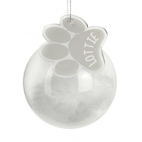 Personalised Pets White Feather Glass Bauble With Paw Print Tag - Christmas Baubles at Gift Moments