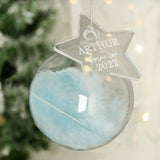 Personalised Born In Blue Feather Glass Bauble With Star Tag - Christmas Baubles at Gift Moments