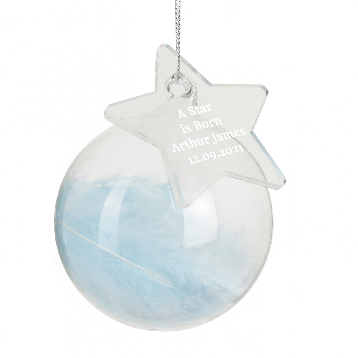 Text Blue Feather Glass Bauble With Star Tag - Gift Moments