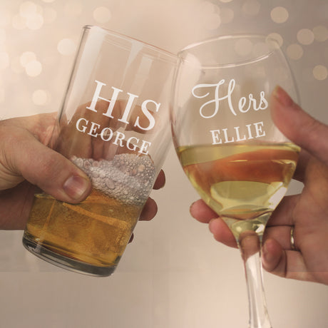 Personalised His & Her Pint and Wine Glass Set - Wine Glasses at Gift Moments