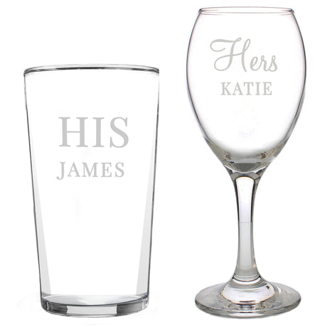 Personalised His & Her Pint and Wine Glass Set - Wine Glasses at Gift Moments