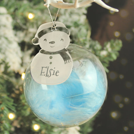 Personalised Snowman Acrylic Blue Feather Bauble - Christmas Baubles at Gift Moments