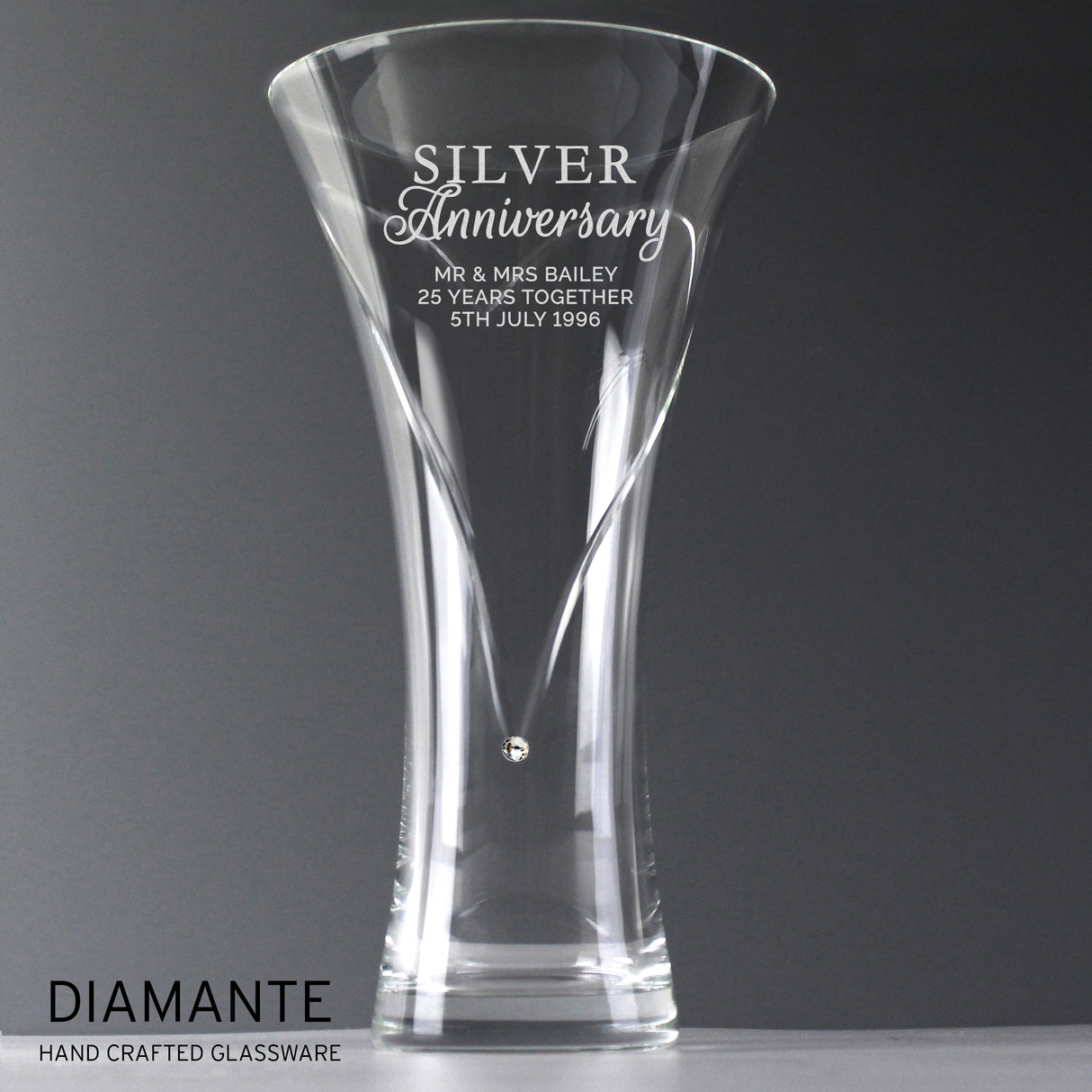 Personalised Silver Anniversary Large Hand Cut Diamante Heart Vase - Vases & Plant Pots at Gift Moments