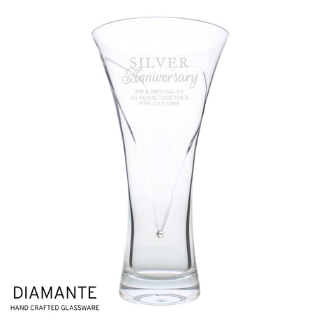 Personalised Silver Anniversary Large Hand Cut Diamante Heart Vase - Vases & Plant Pots at Gift Moments