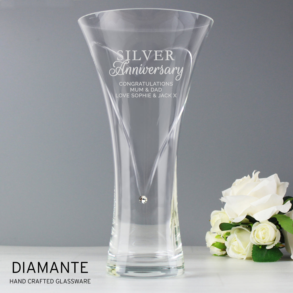 Personalised Silver Anniversary Large Hand Cut Diamante Heart Vase - Vases & Plant Pots at Gift Moments