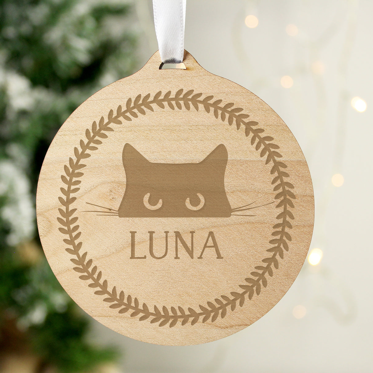 Personalised Cat Round Wooden Bauble - Christmas Decorations at Gift Moments