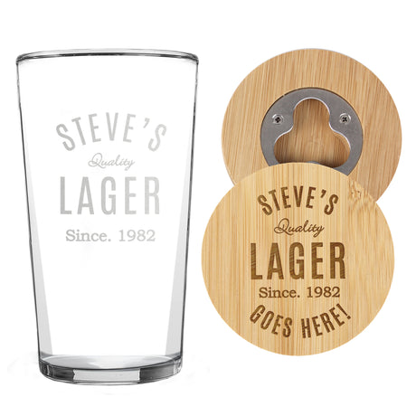 Bamboo Bottle Opener Coaster and Pint Glass Set - Gift Moments