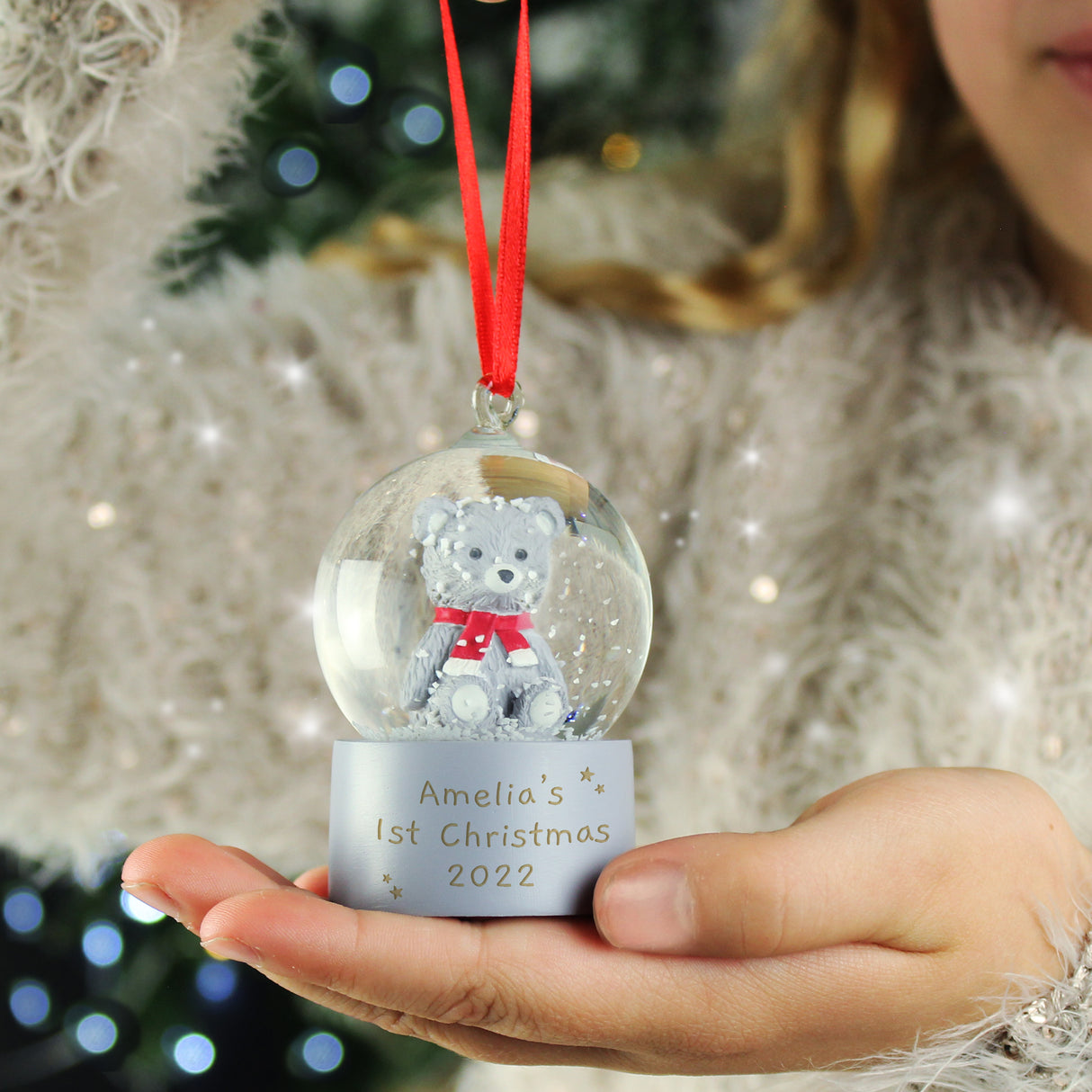 Personalised Message Teddy Bear Glitter Snow Globe Tree Decoration - Snow Globes at Gift Moments