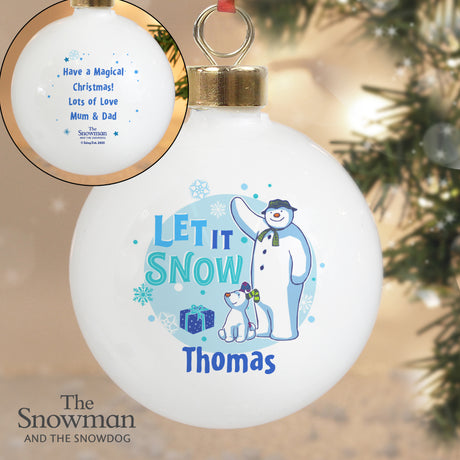 Personalised The Snowman and the Snowdog Blue Bauble - Christmas Baubles at Gift Moments