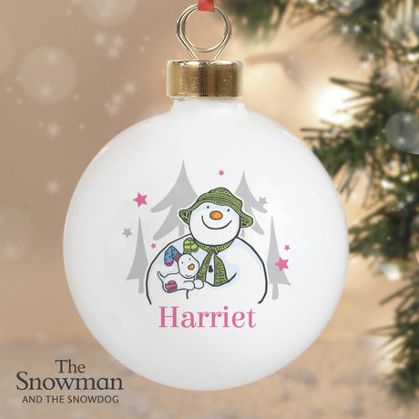 Personalised The Snowman and the Snowdog Pink Bauble - Christmas Baubles at Gift Moments