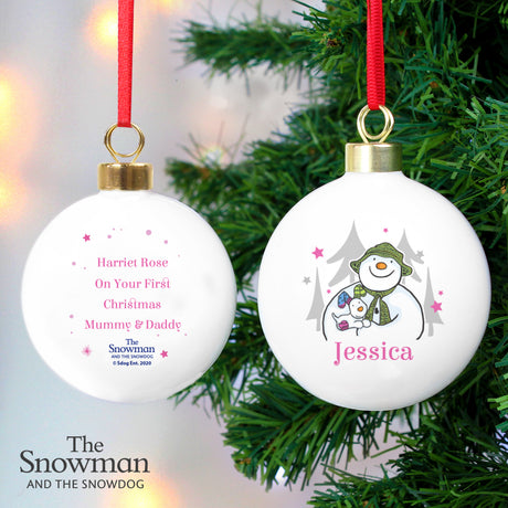 Personalised The Snowman and the Snowdog Pink Bauble - Christmas Baubles at Gift Moments